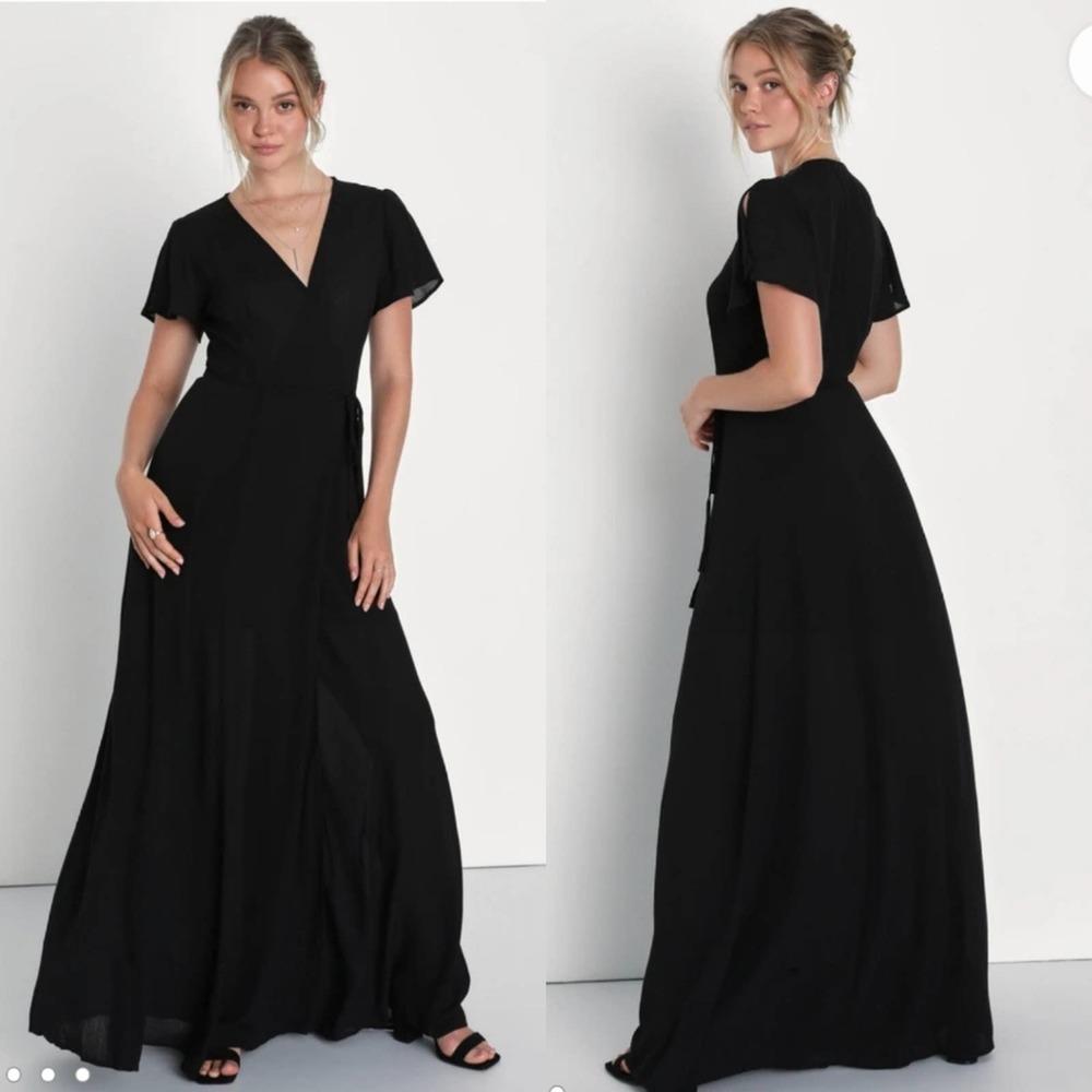 Lulus Heart of Marigold Black Wrap Maxi Dress